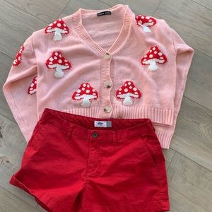 Red shorts w/ Pink Mushroom Sweater